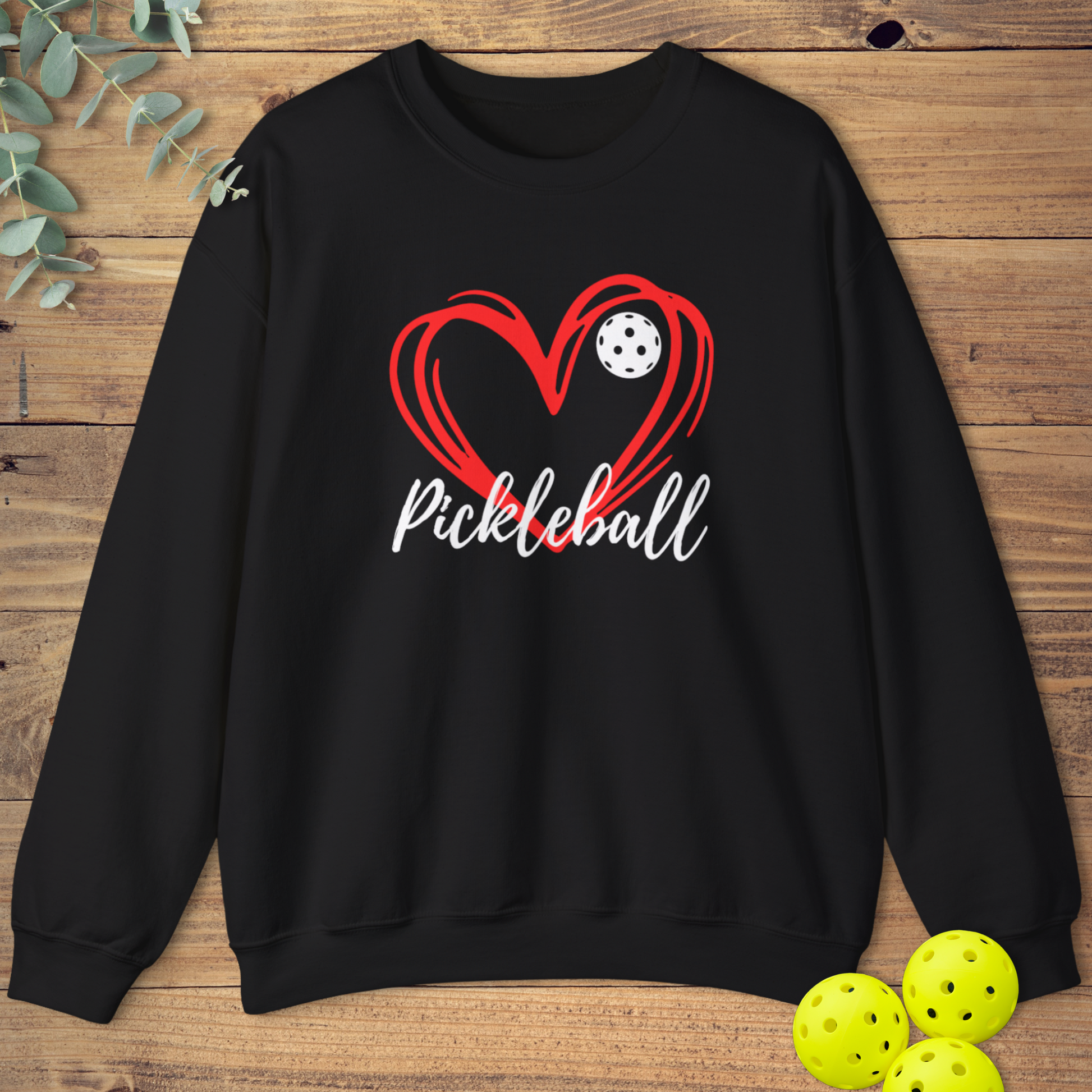 cute pickleball sweatshirt with a heart design in black