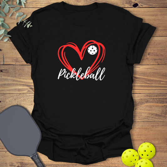 graphic pickleball t-shirt with a red heart in black