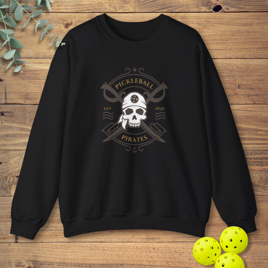 funny pickleball sweatshirt with a pirate theme in black