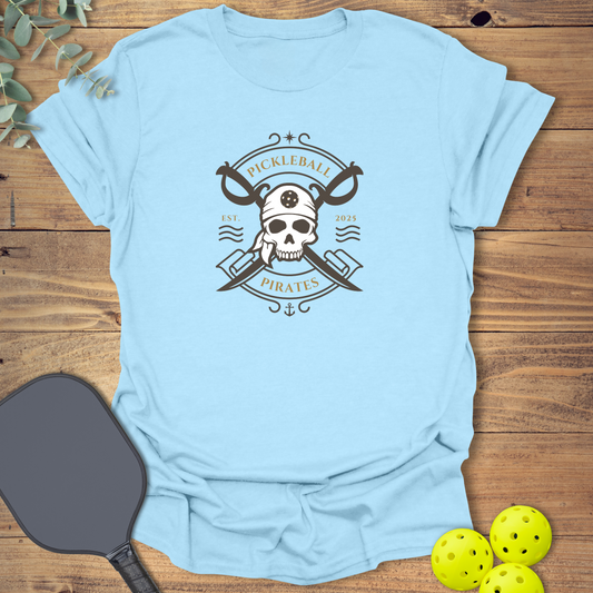 Funny pickleball team t-shirt with a pirate design in light blue