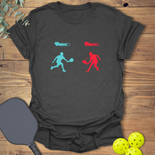 Heather grey unisex pickleball sweatshirt with two video game characters holding pickleball paddles, facing off with health bars above them. Gamer battle design.