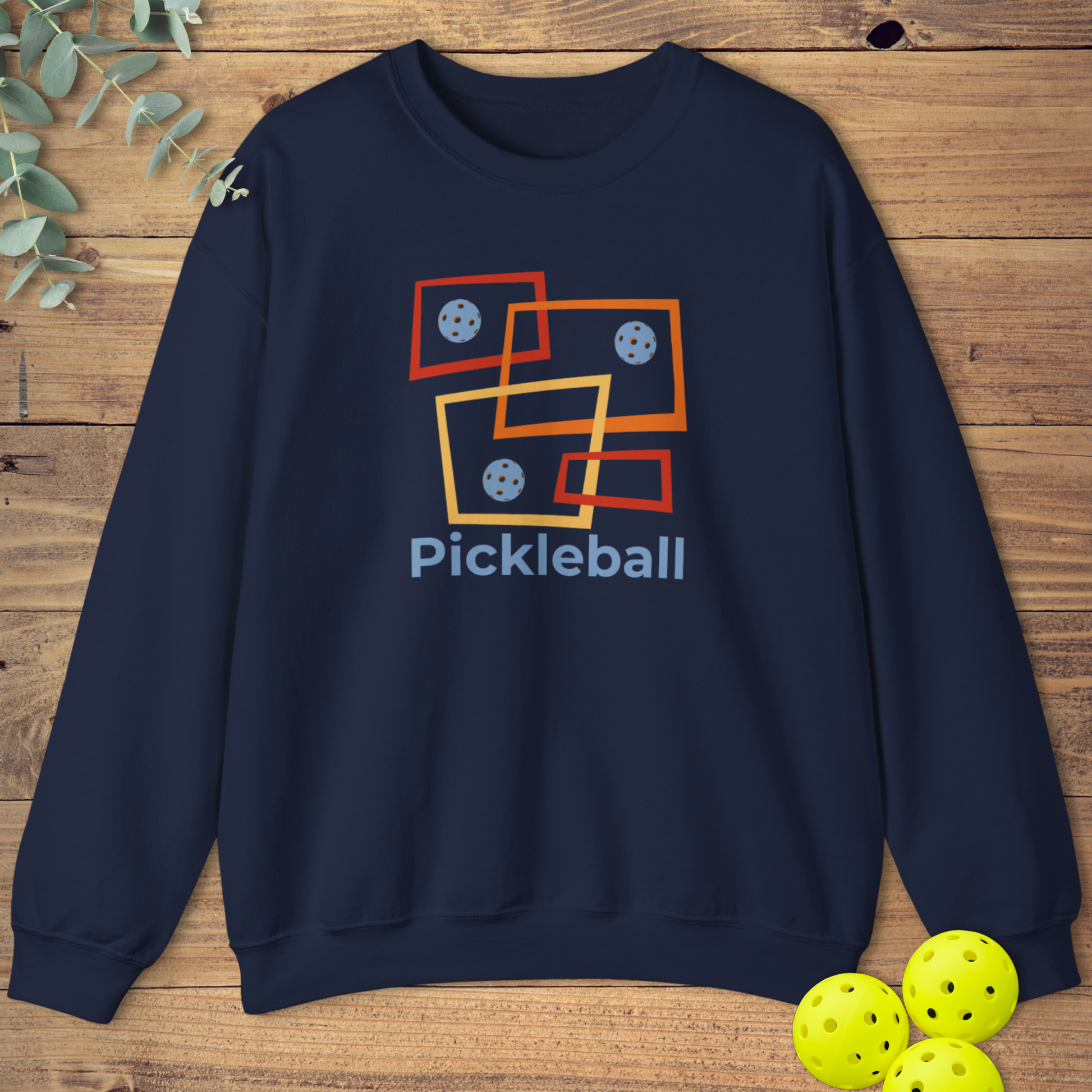 fun pickleball sweatshirt with a retro-style design in navy blue
