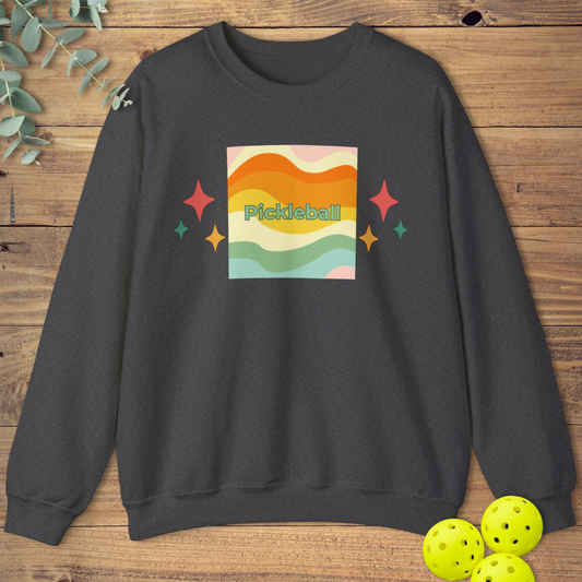 colorful pickleball sweatshirt with a retro-style-design in heather grey