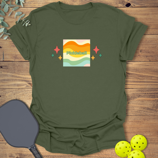 Fun pickleball t-shirt with a colorful retro-style design in military green