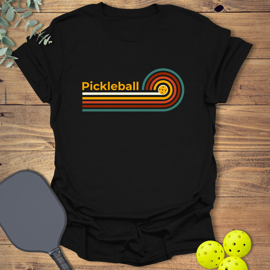 Fun pickleball t-shirt with a retro-style design in black