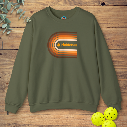fun pickleball sweatshirt with a retro-style design in military green