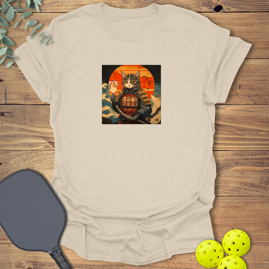 Funny pickleball t-shirt with a unique samurai cat design in natural