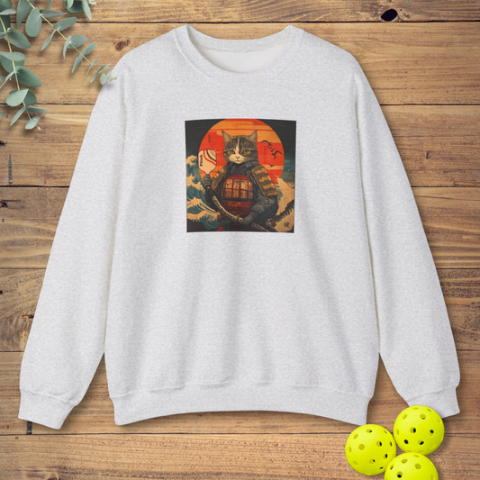 funny pickleball sweatshirt featuring a samurai cat in light grey