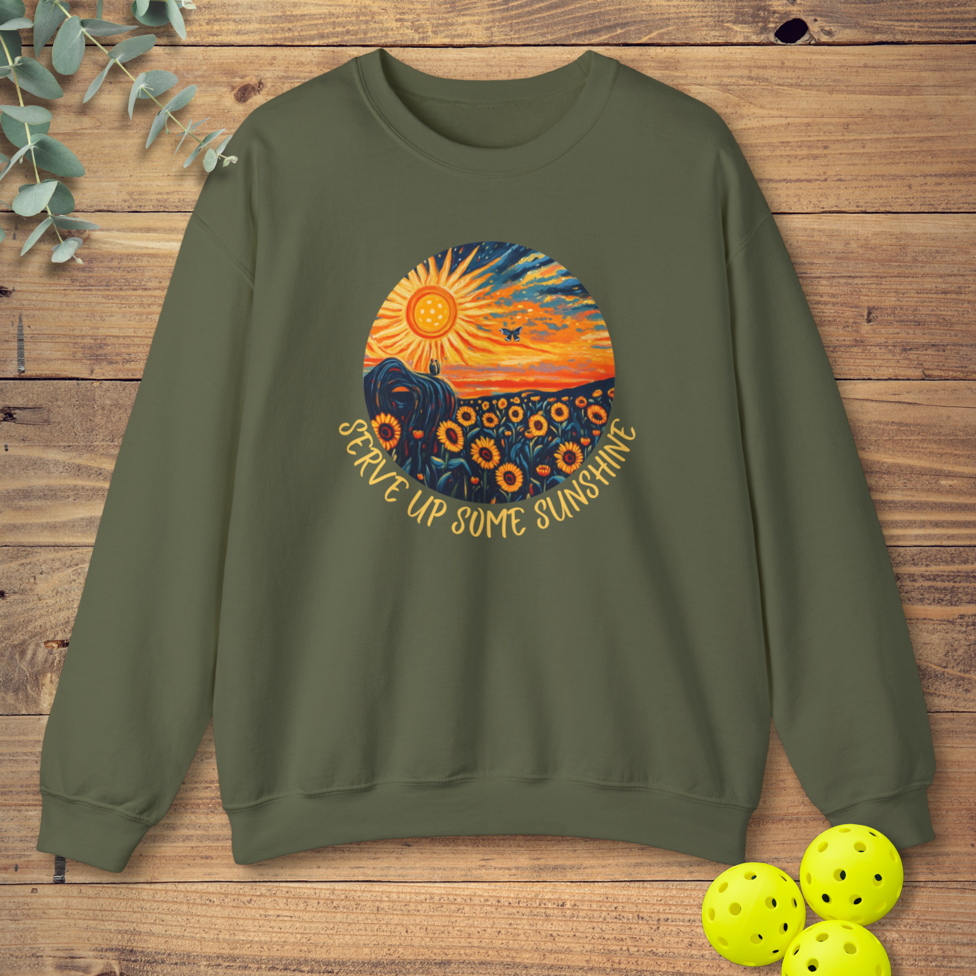 cute pickleball sweatshirt with a sunshine design in green