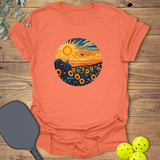 Bold pickleball t-shirt with sunshine and flowers in heather orange