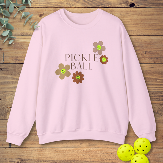cute pickleball sweatshirt with a flower design in light pink