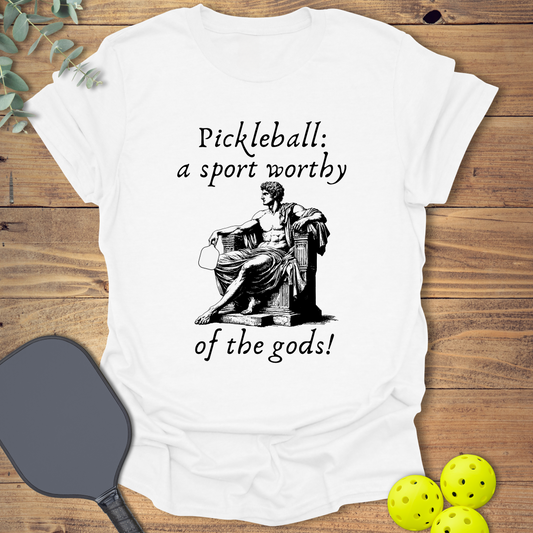 Funny pickleball t-shirt in greek gods style in white