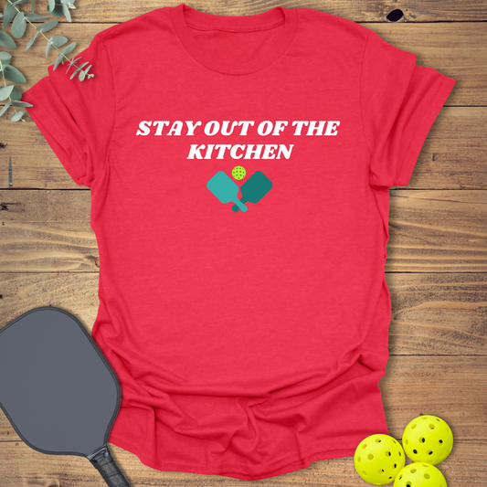 funny pickleball t-shirt with a pickleball kitchen design in heather red