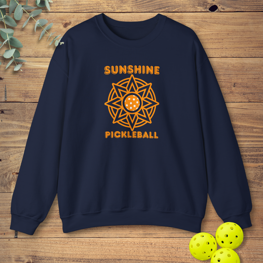 graphic pickleball sweatshirt with a sunshine design in navy blue