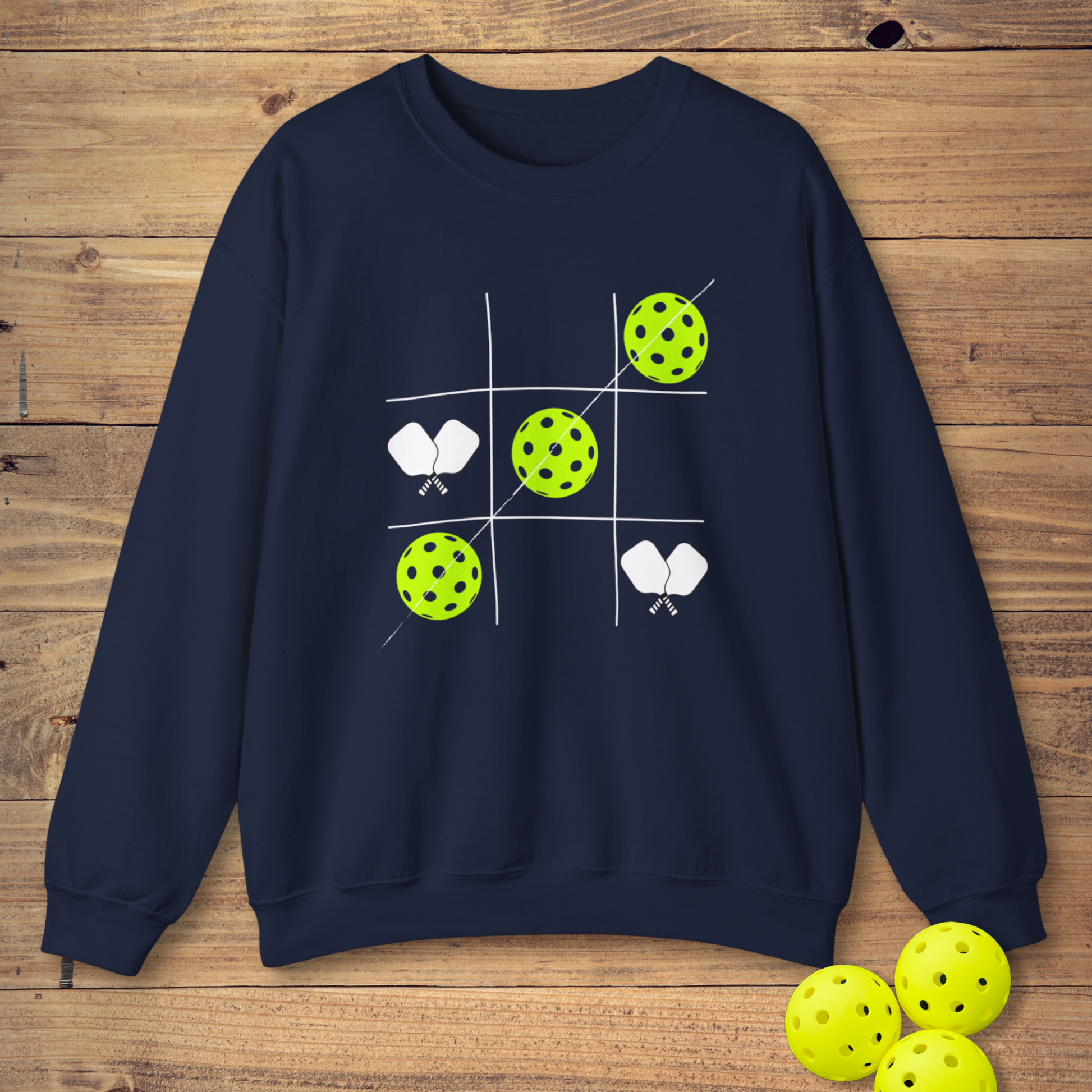 funny pickleball sweatshirt with pickleball tic tac toe in navy blue