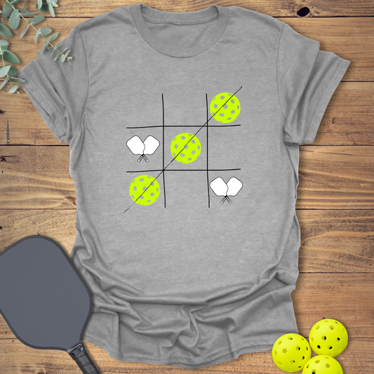 Funny pickleball t-shirt with a tic-tac-toe design in grey