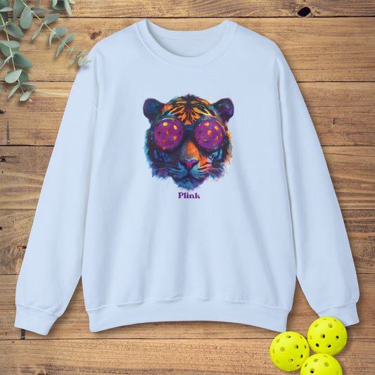 funny pickleball sweatshirt with a tiger design in light blue