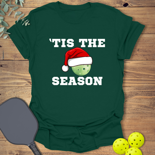 Holiday pickleball t-shirt with a Santa hat design in forest green