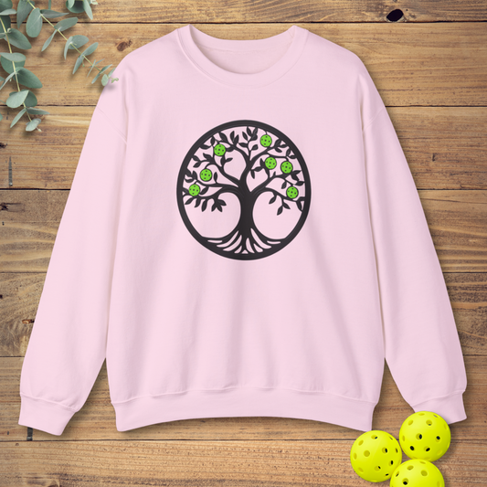cute pickleball sweatshirt with a tree design in light pink