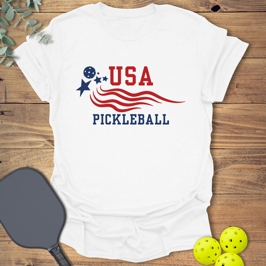USA pickleball t-shirt with American flag colors for patriotic players in white