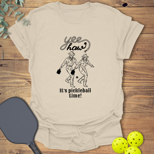 Funny pickleball t-shirt with a cowboy theme in natural