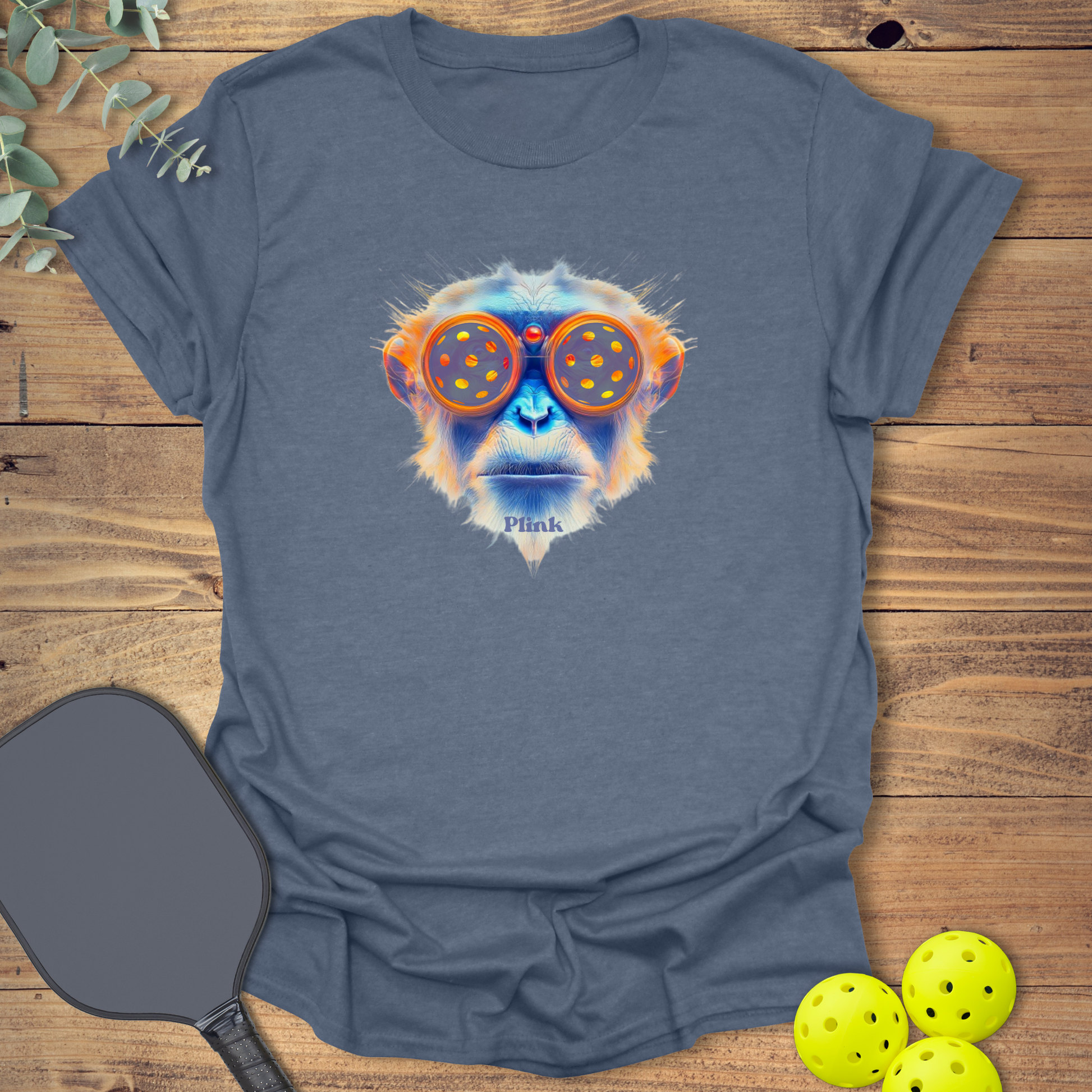 Funny pickleball t-shirt with a cyberpunk-style chimp design in heather indigo