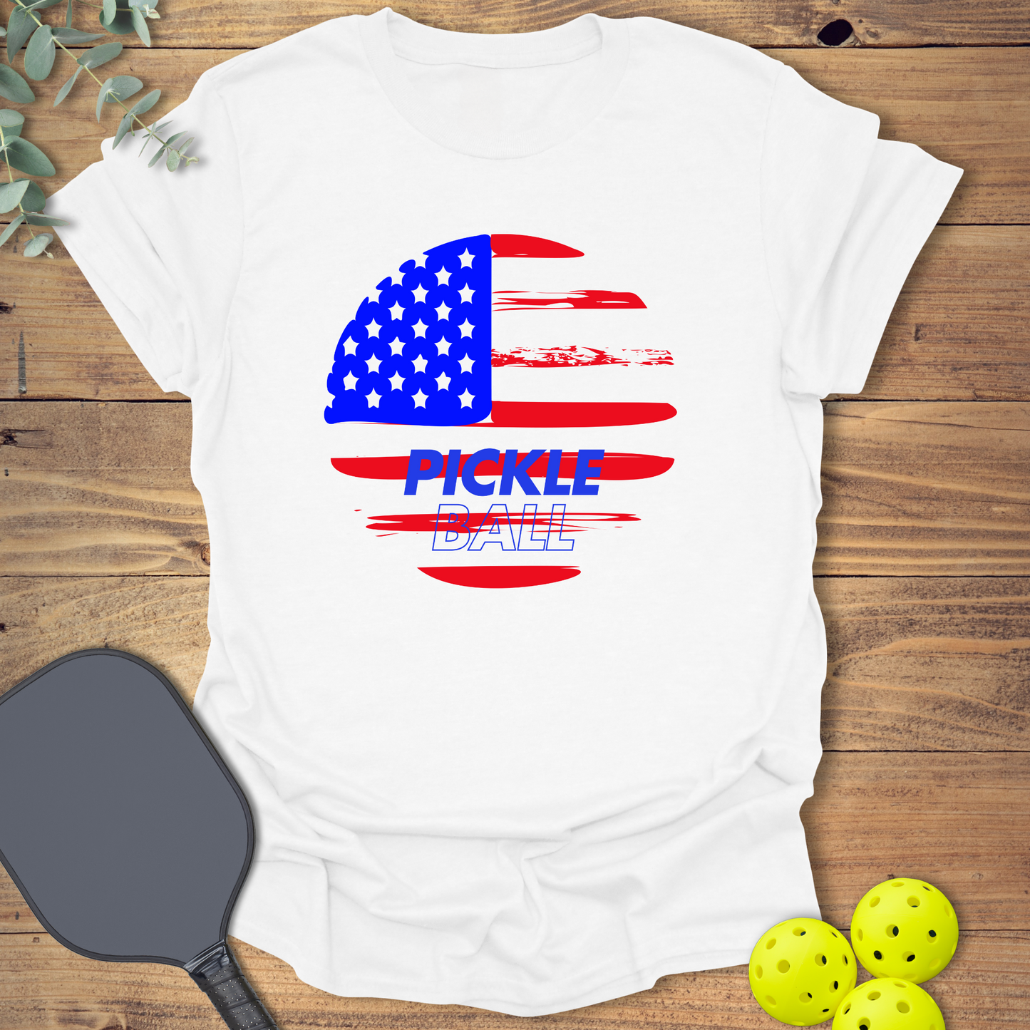 Patriotic Pickleball T-shirt with an American flag in white
