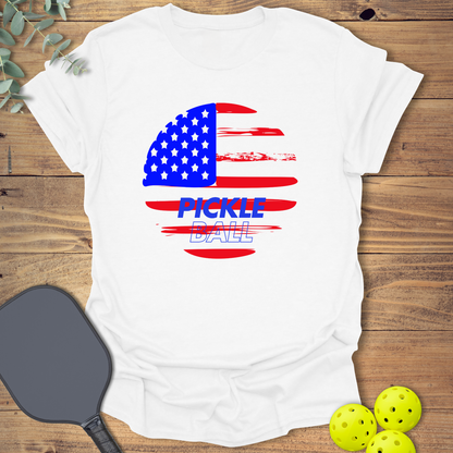 Patriotic Pickleball T-shirt with an American flag in white