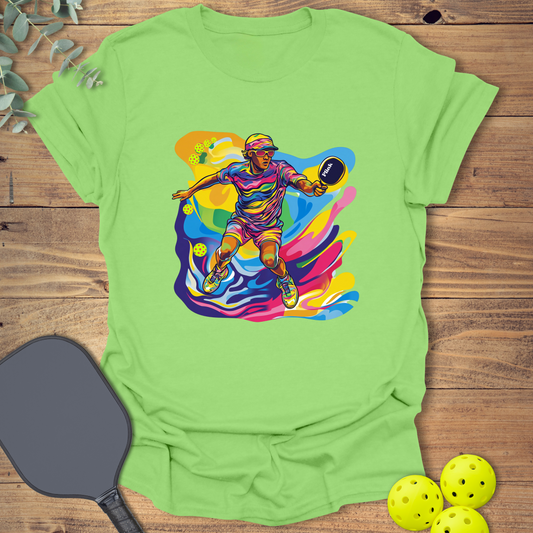Fun Colorful Player Pickleball T-Shirt in pop art-style design in lime