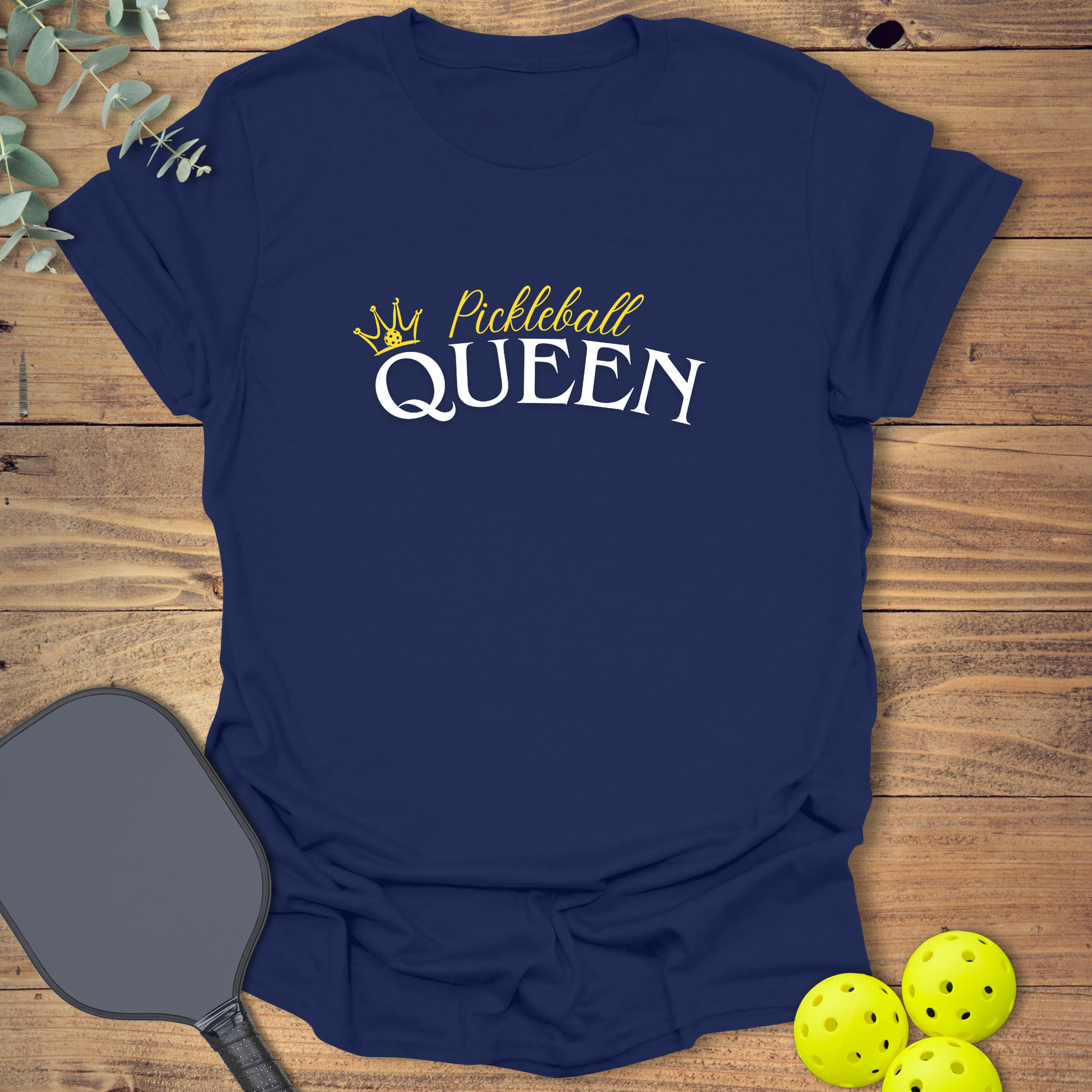 Fun pickleball t-shirt for a pickleball queen in navy blue