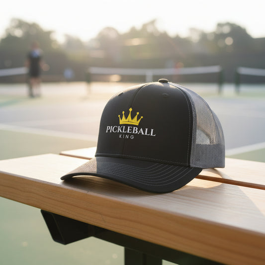 Black trucker hat with embroidered gold crown and Pickleball King text, front view.