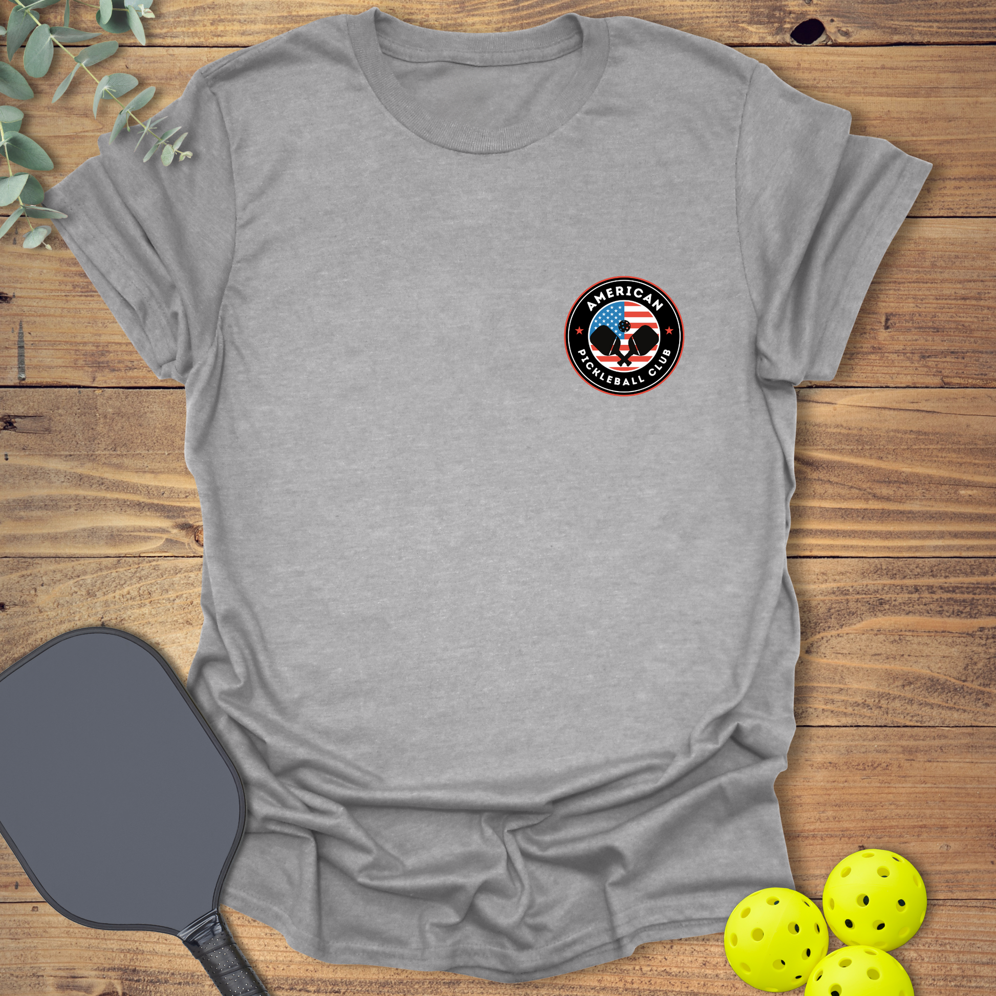 Pickleball club t-shirt with a patriotic American theme in light grey