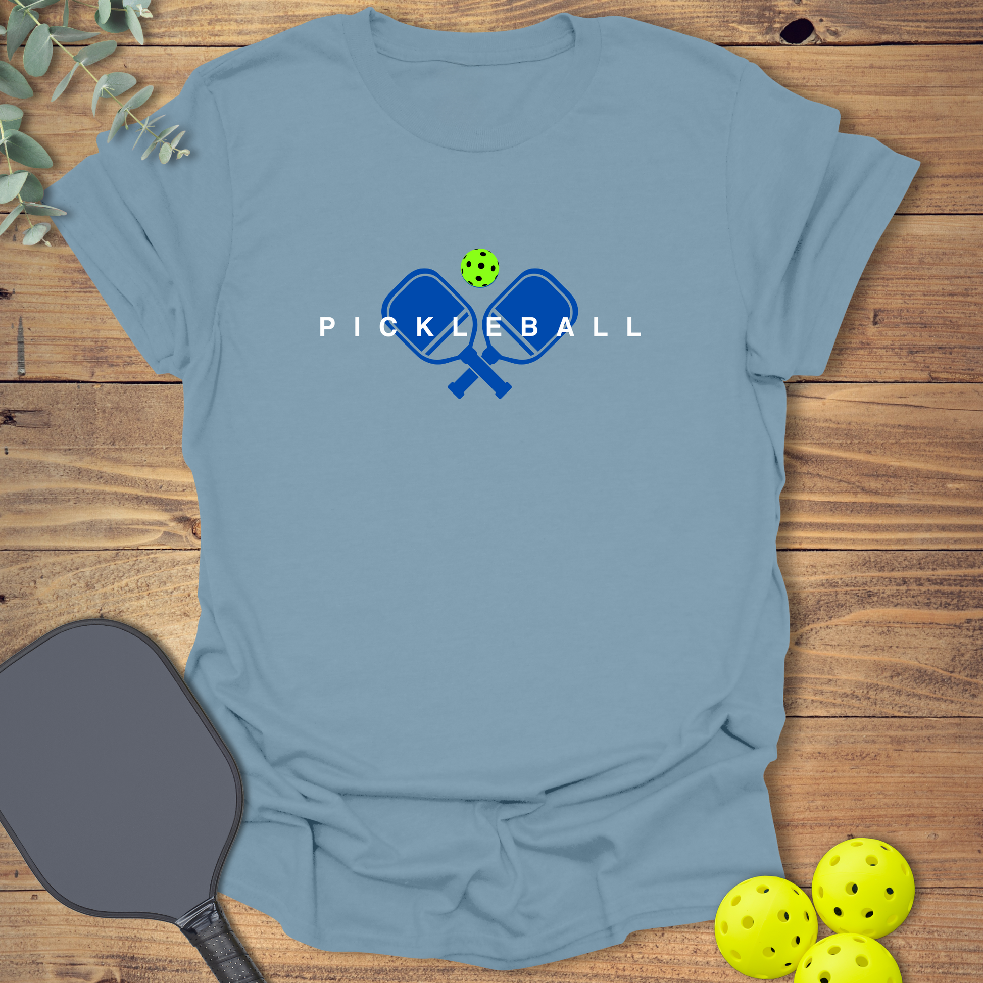 classic pickleball t-shirt with crossed paddles in stone blue