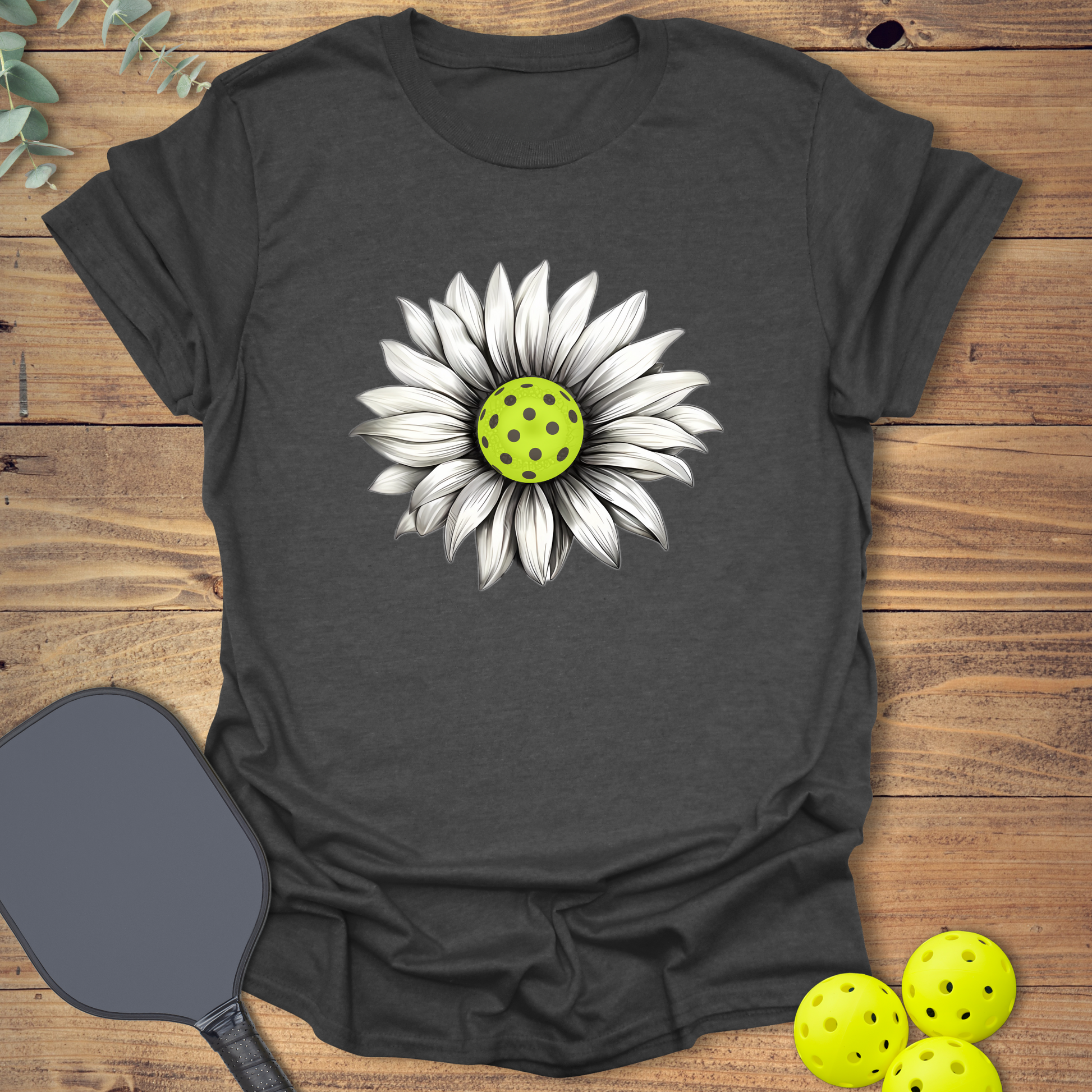 graphic pickleball t-shirt with a flower design in heather grey