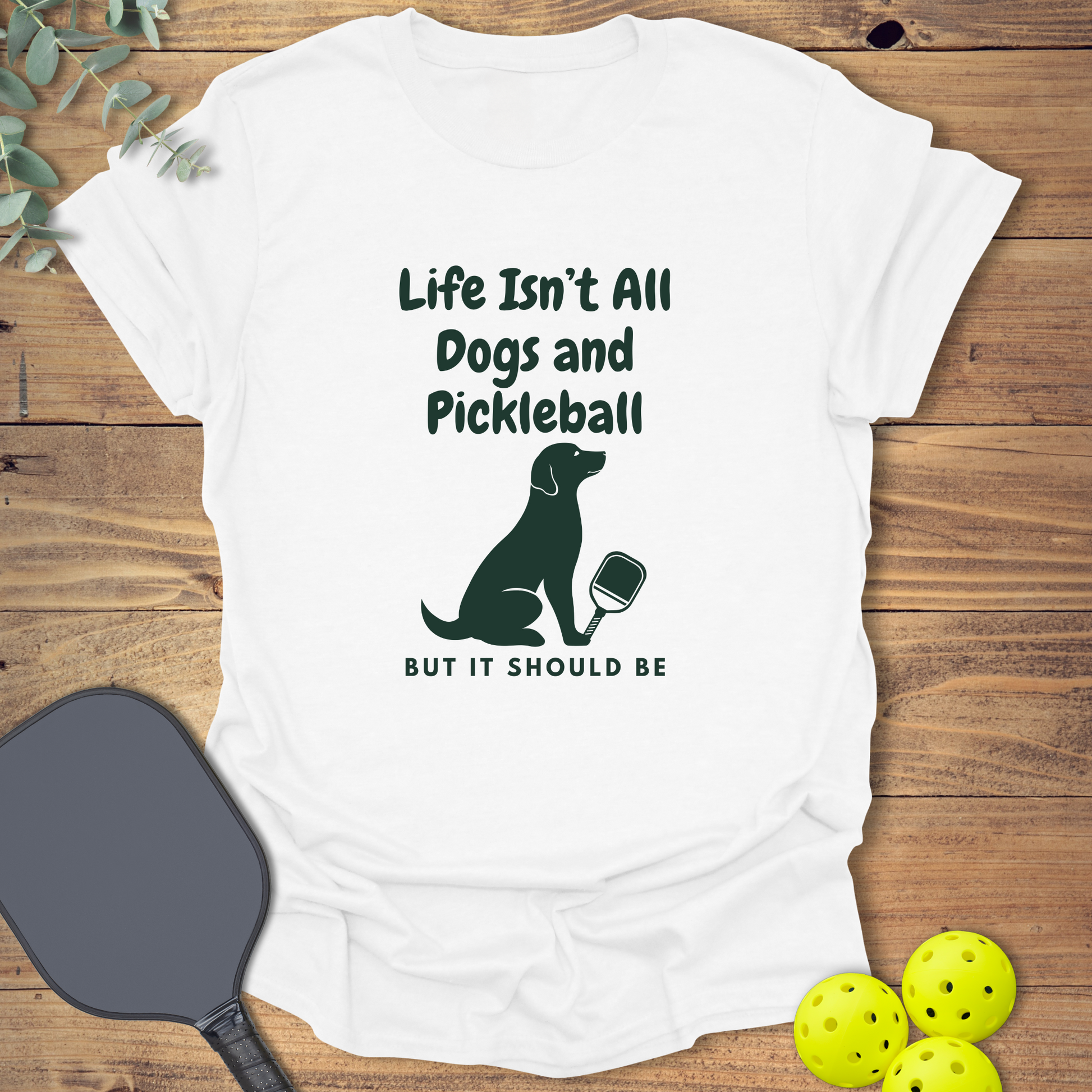 Dogs & pickleball t-shirt with a lab in white