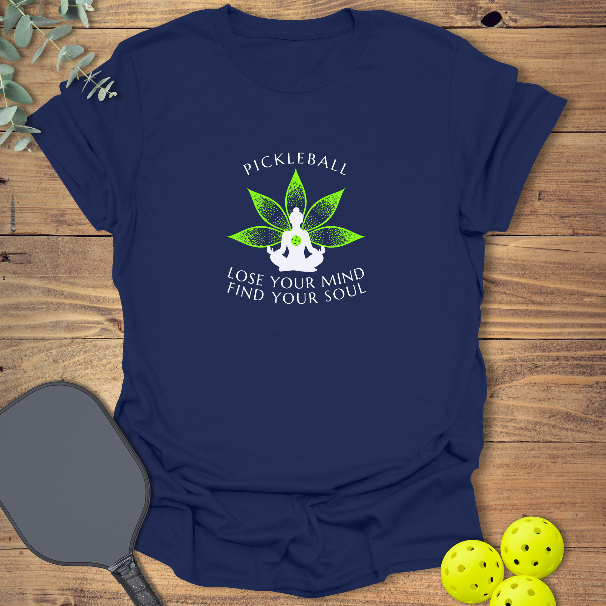 Unique pickleball t-shirt for the mind and soul in navy blue