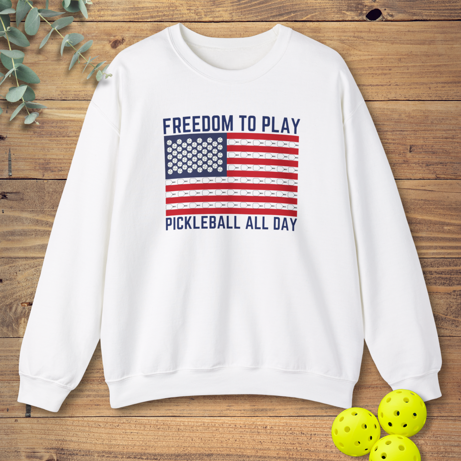 patriotic pickleball sweatshirt with an american flag design in white