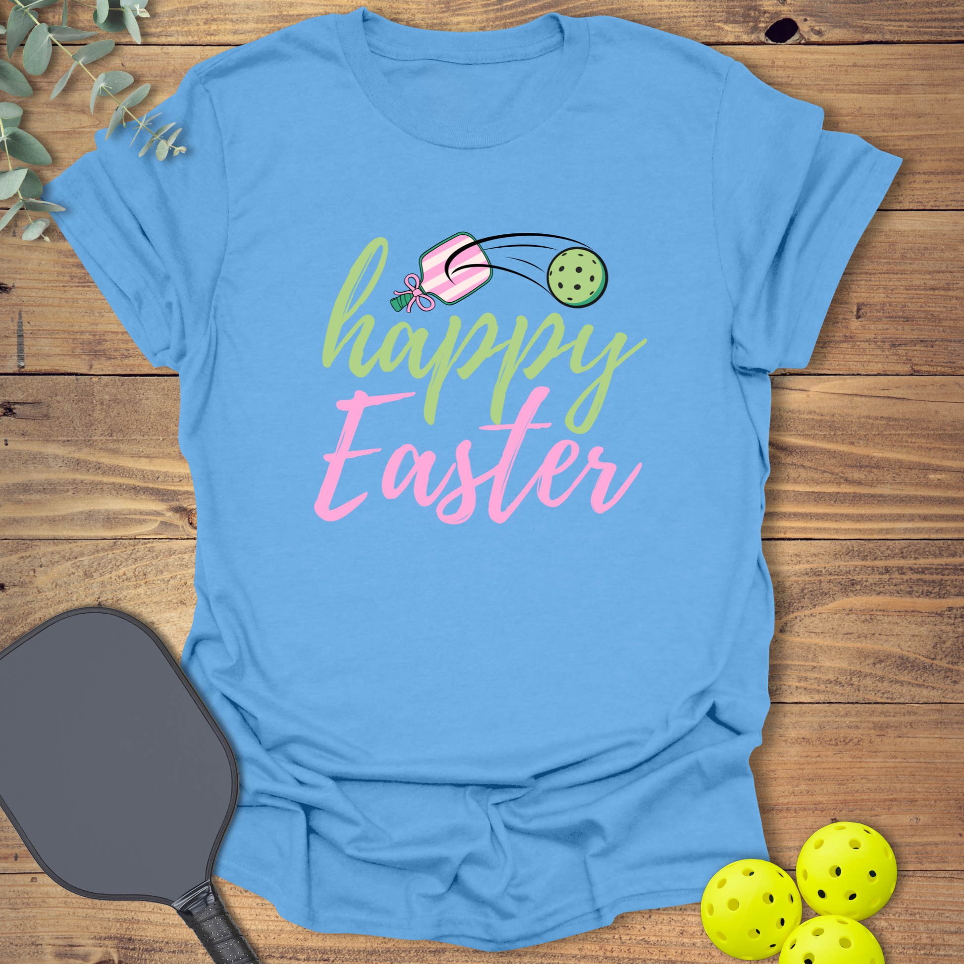 graphic pickleball t-shirt with an easter holiday design in blue