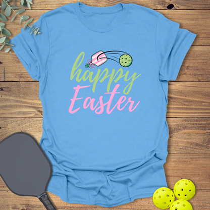 graphic pickleball t-shirt with an easter holiday design in blue