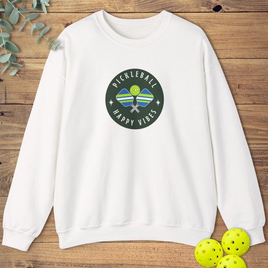 fun pickleball sweatshirt with a happy vibes design in white