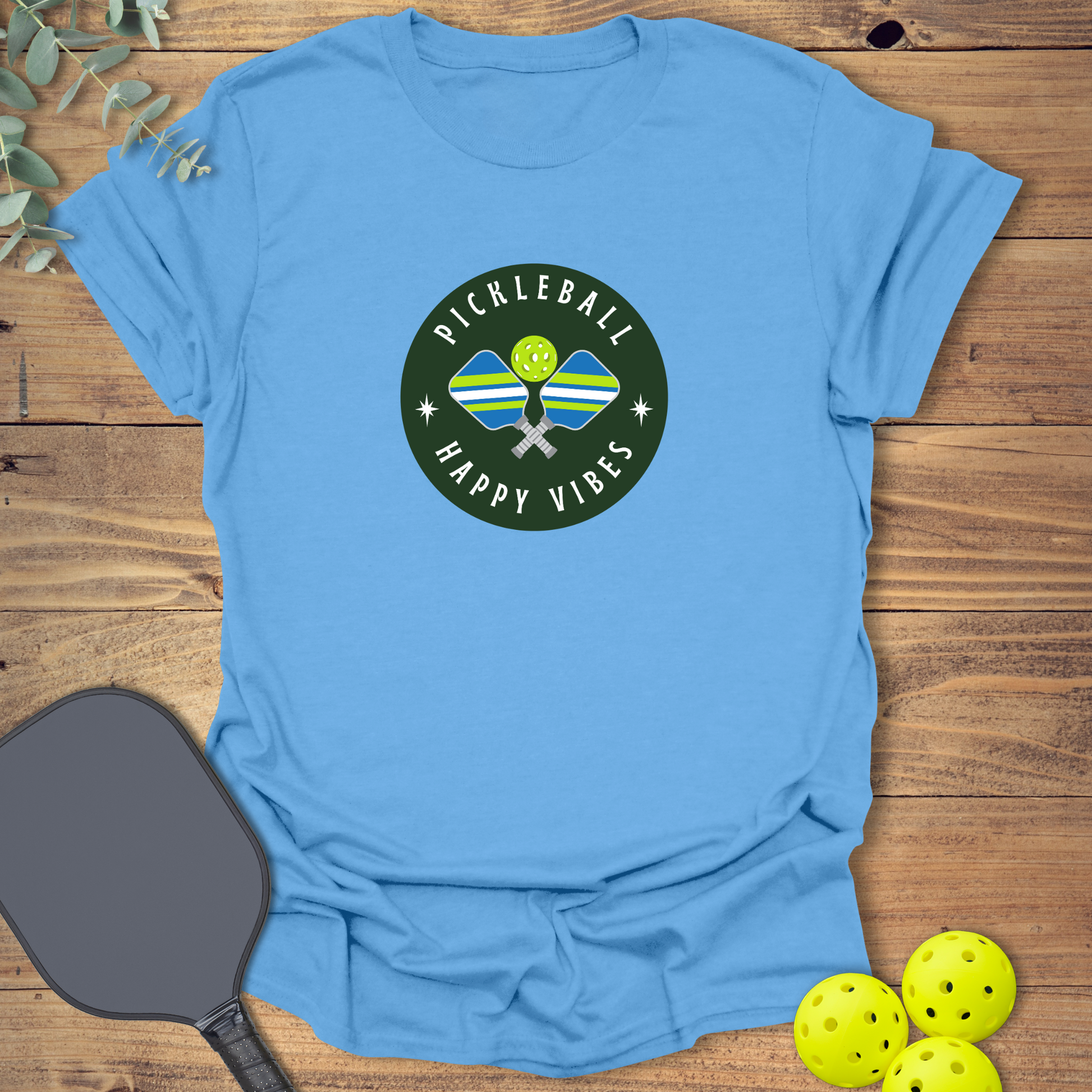 fun pickleball t-shirt with a happy vibes design in blue