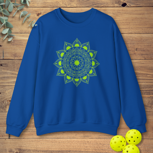 pickleball sweatshirt with a mandala design in royal blue