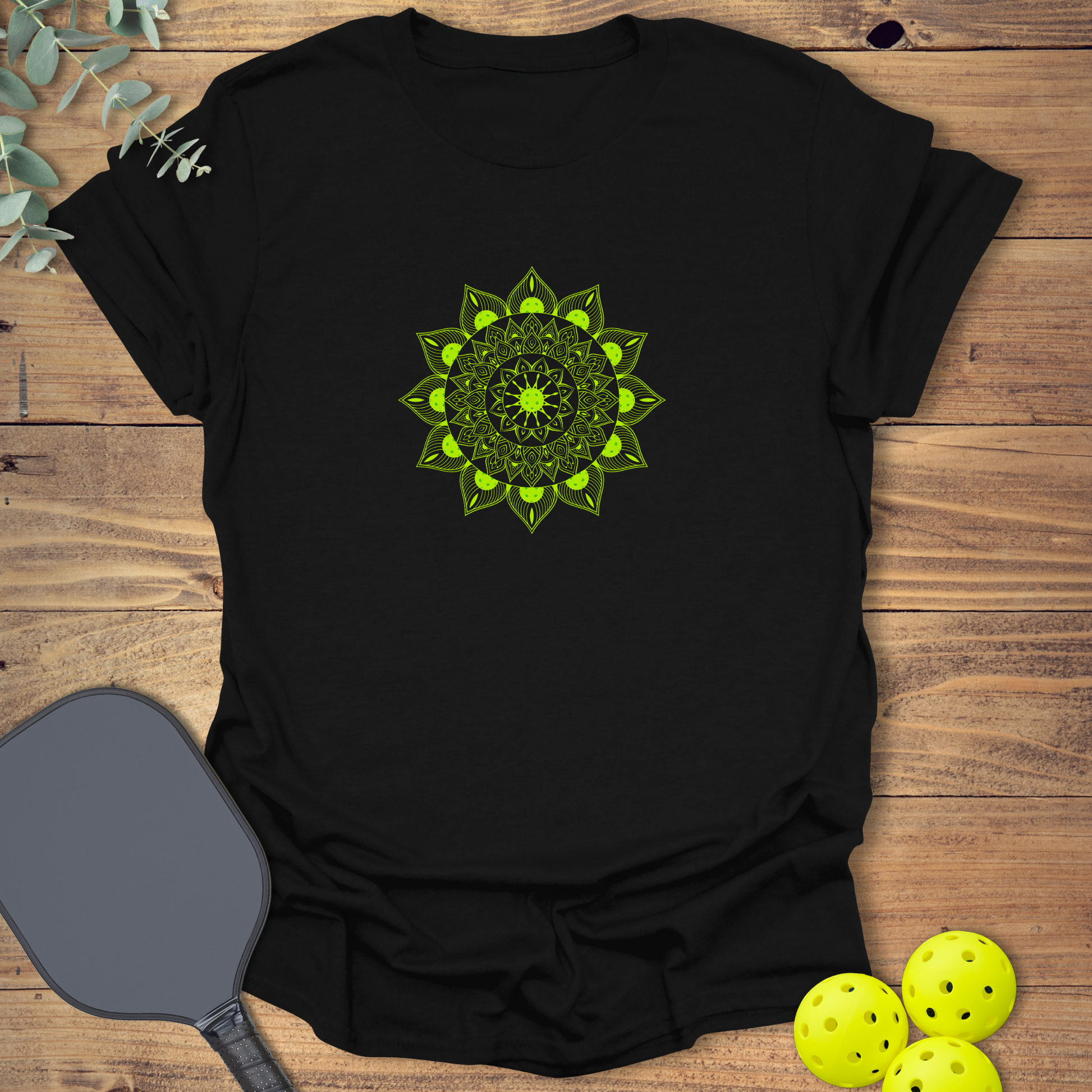 pickleball t-shirt with a mandala design in black