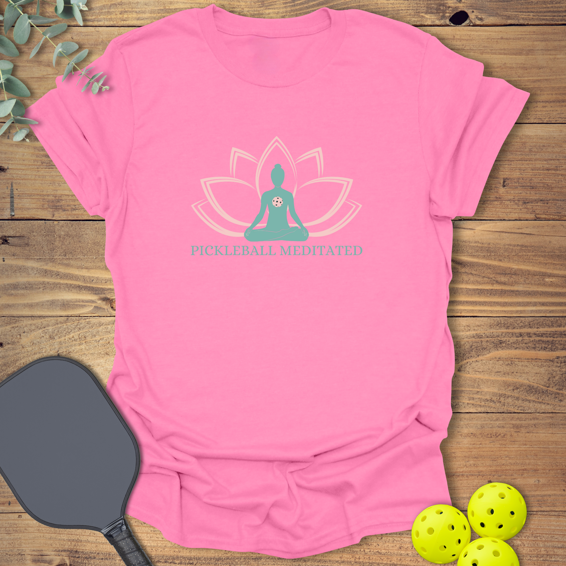 funny pickleball t-shirt with a zen design in pink
