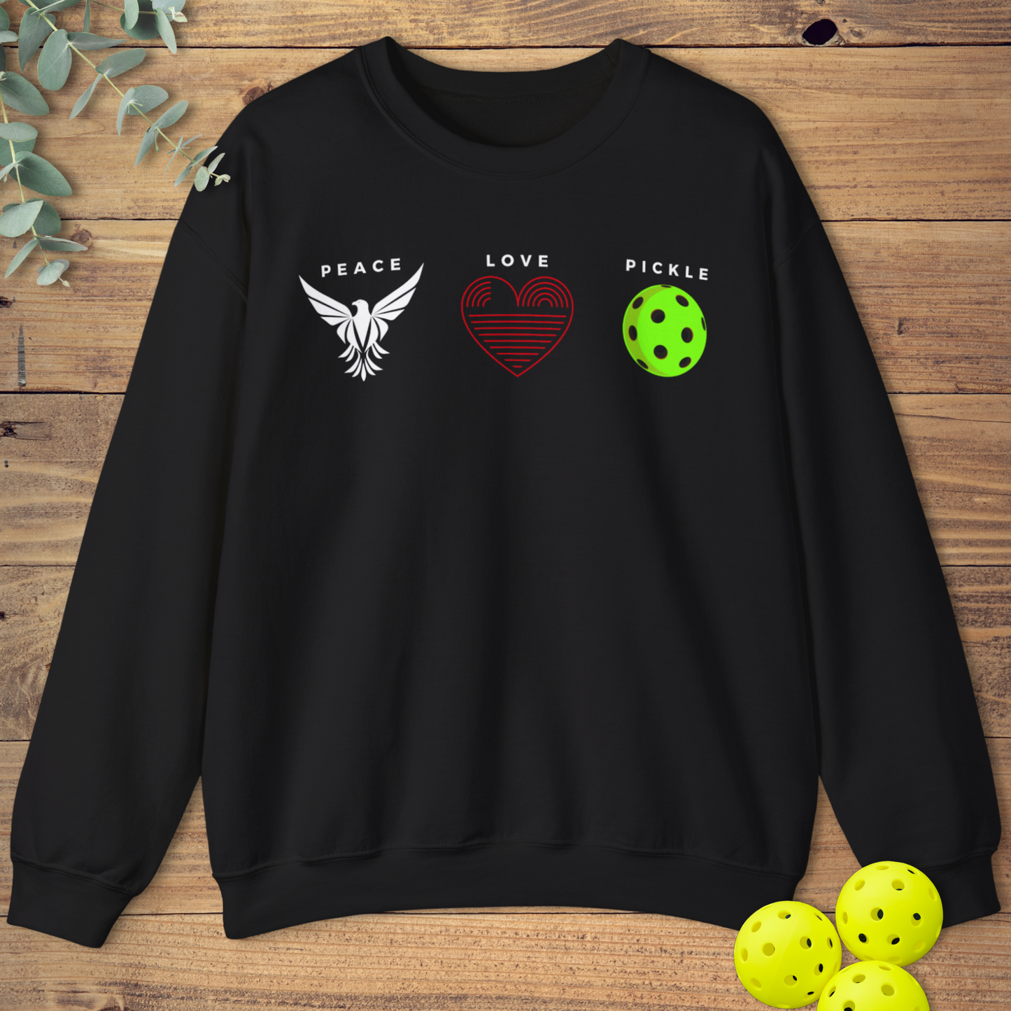 graphic pickleball sweatshirt with a peace message in black