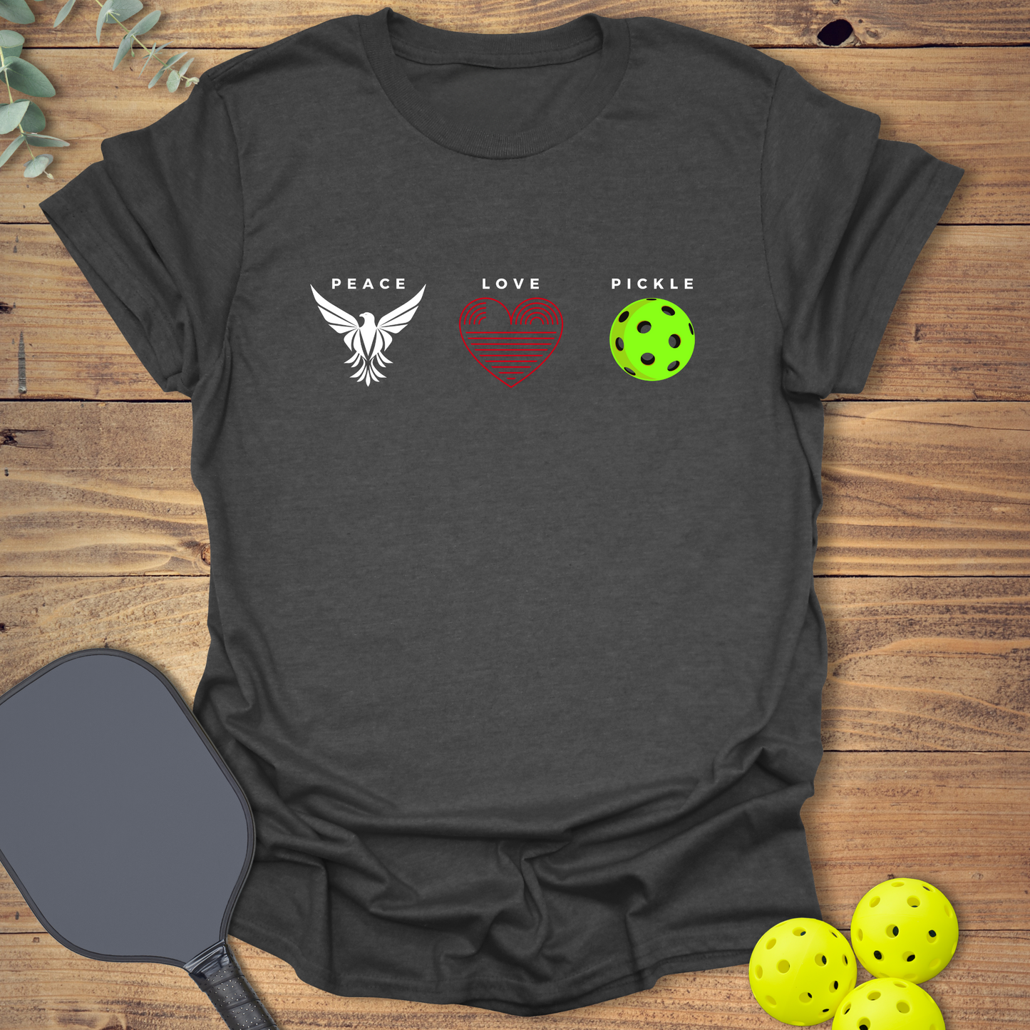 graphic pickleball t-shirt with a love message in grey