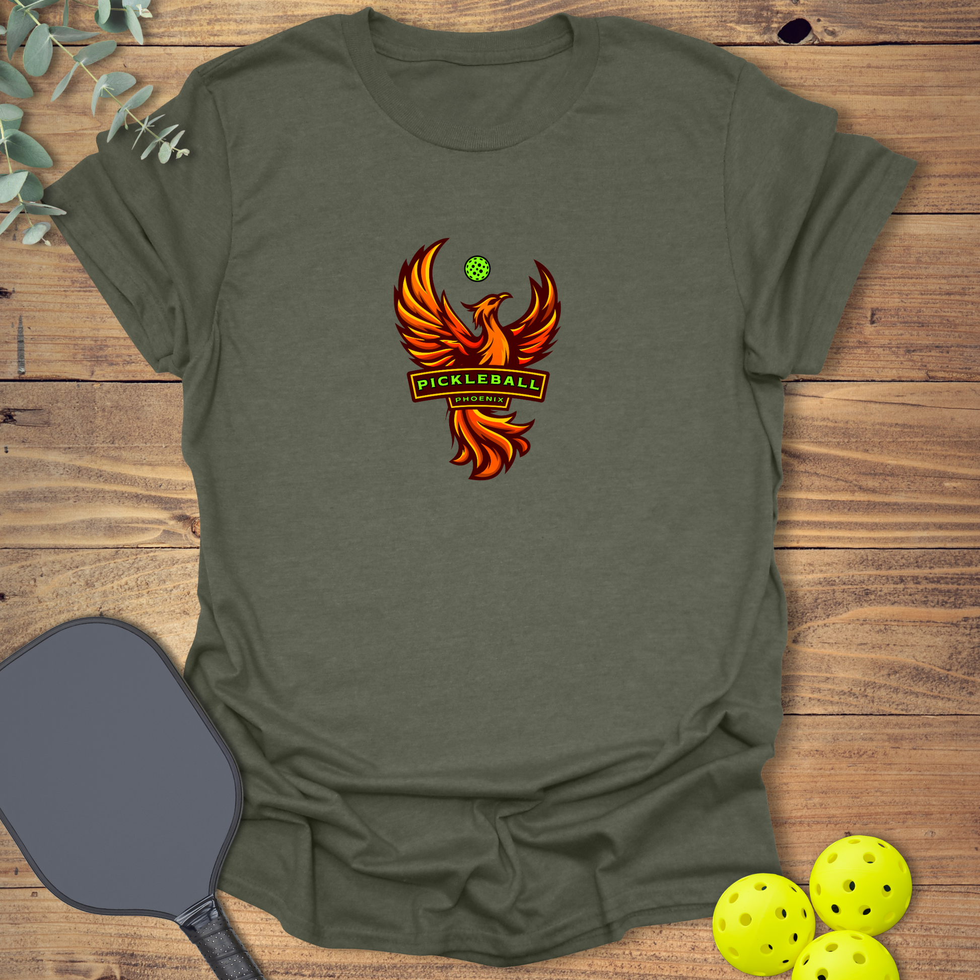 pickleball t-shirt with a phoenix in heather military green