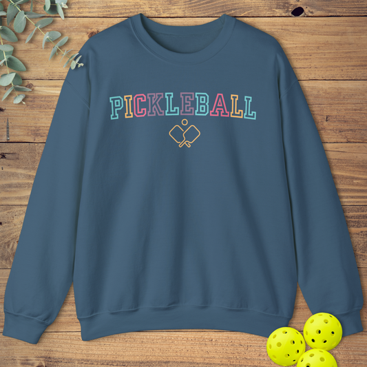 colorful pickleball sweatshirt with a varsity sports design in indigo blue