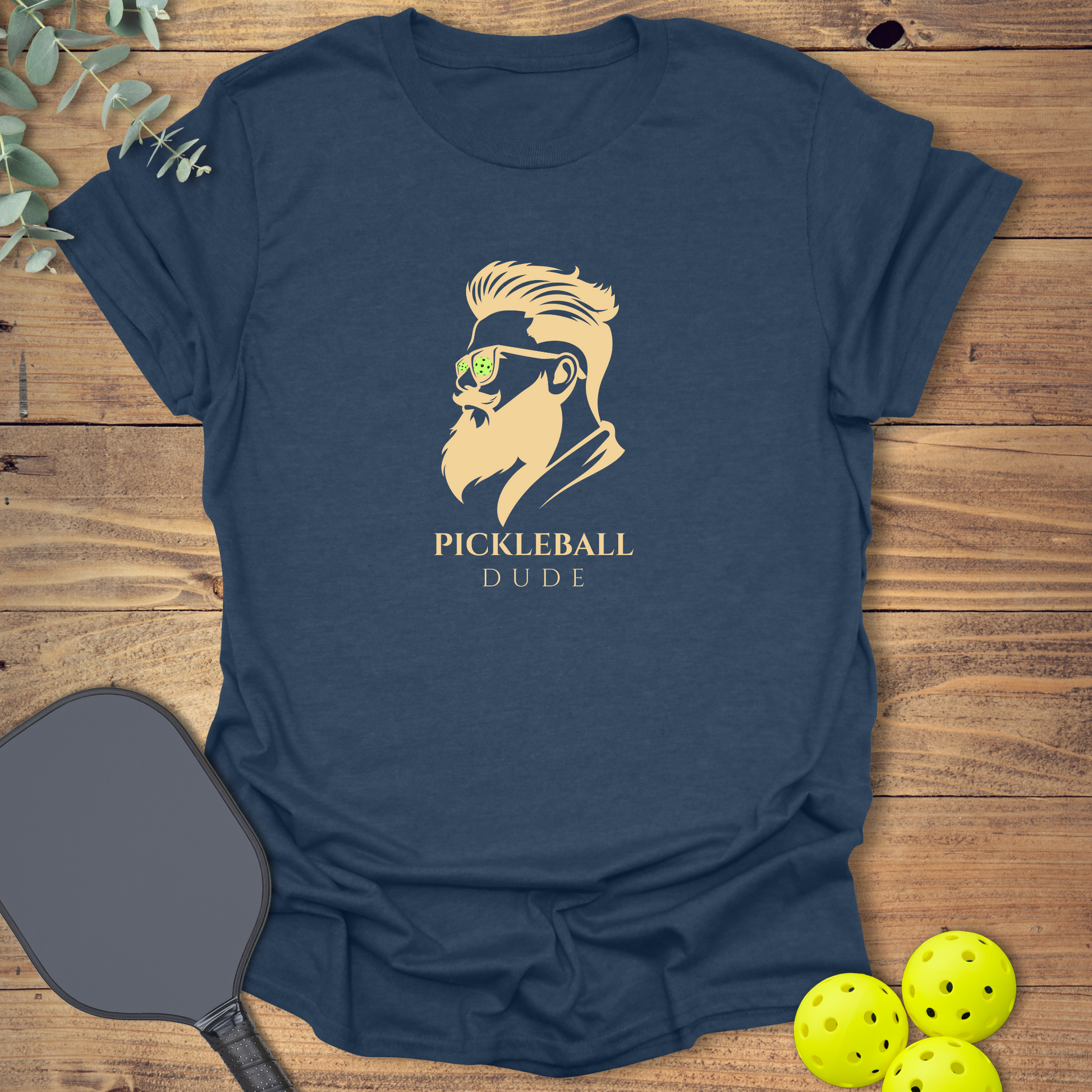 graphic pickleball t-shirt featuring a cool dude in heather navy