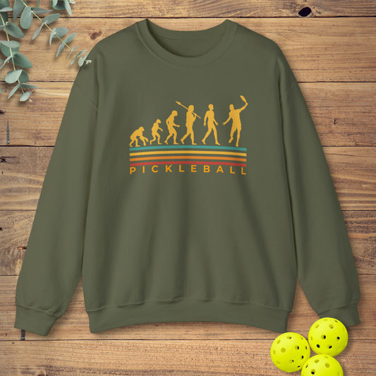 funny pickleball sweatshirt with an evolution theme in military green